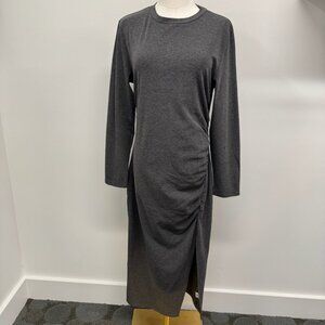 TEMOFON Charcoal Gray Long Sleeve Midi Dress with Side Ruching – Size L